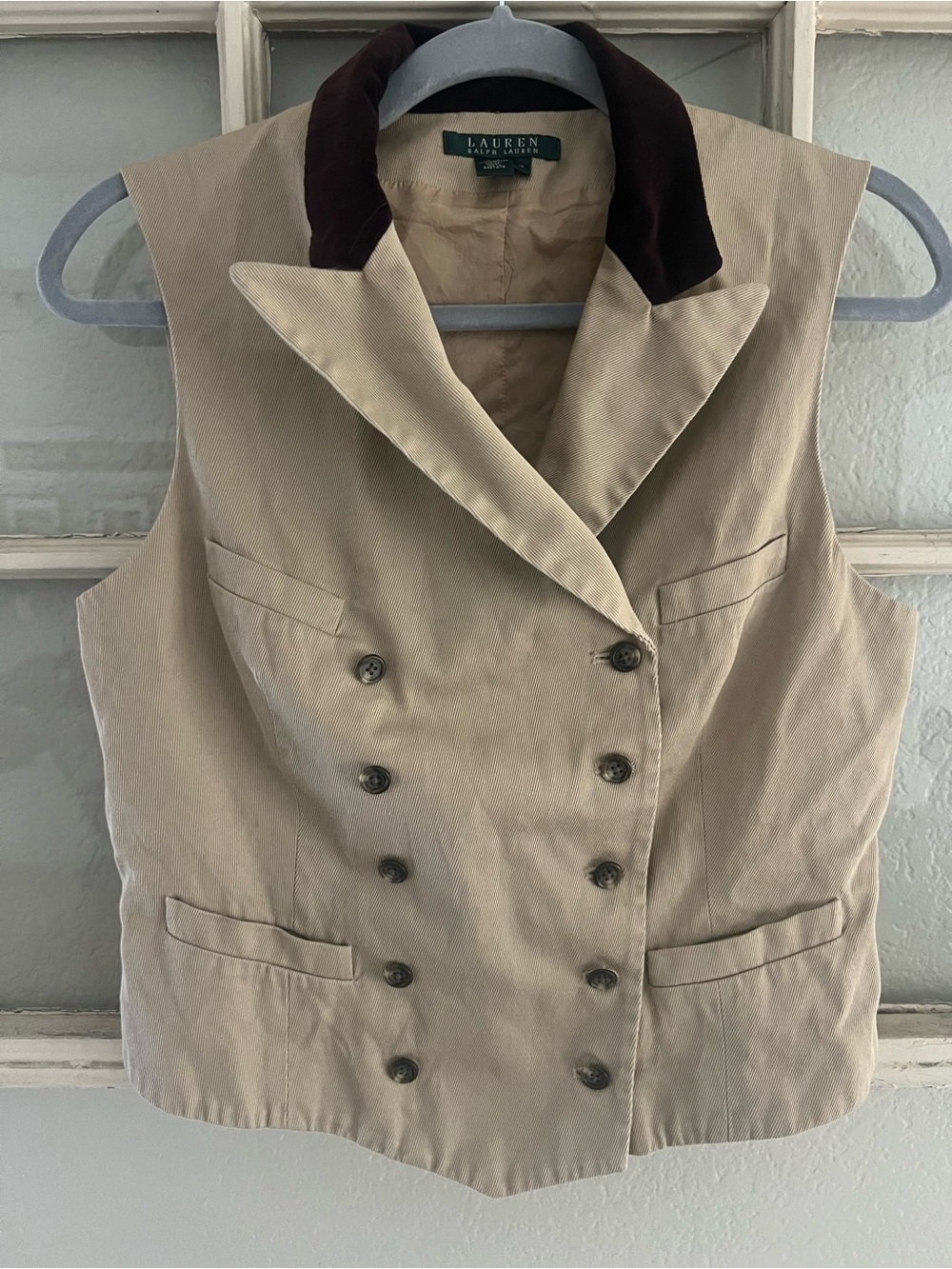 Lauren Ralph Lauren Tan Double-Breasted Vest with Dark Brown Collar